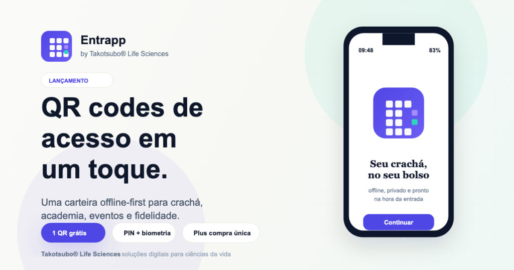 Capa promocional do Entrapp com o icone do app e um mockup de smartphone para QR codes de acesso